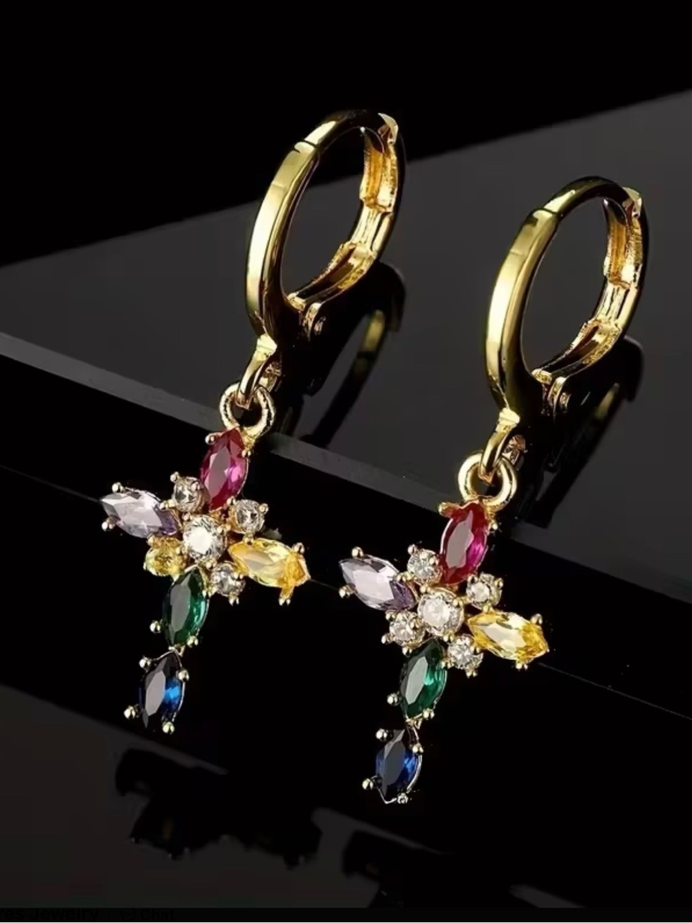 Gold Multicolor Cross CZ Drop Earrings -